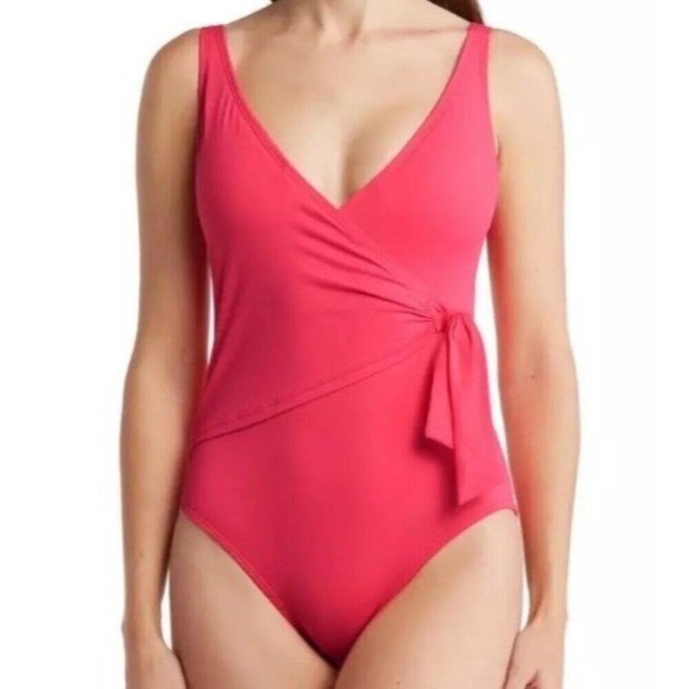 Tommy Bahama Women One Piece Swimsuit Size 14 Coral Pink Wrap Front Ruffle NWOT